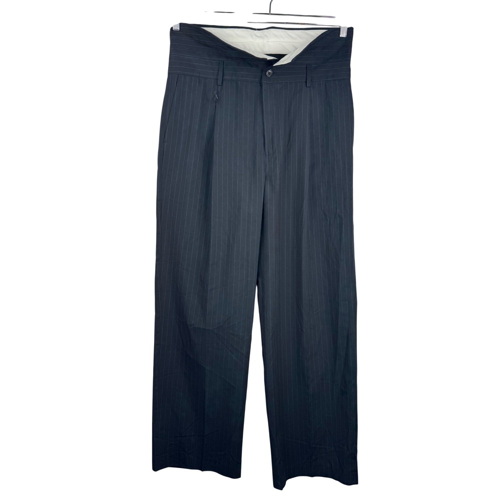 ZARA Black Pinstripe Wide Leg‎ relaxed trouser wool blend fold over 90s Size 32